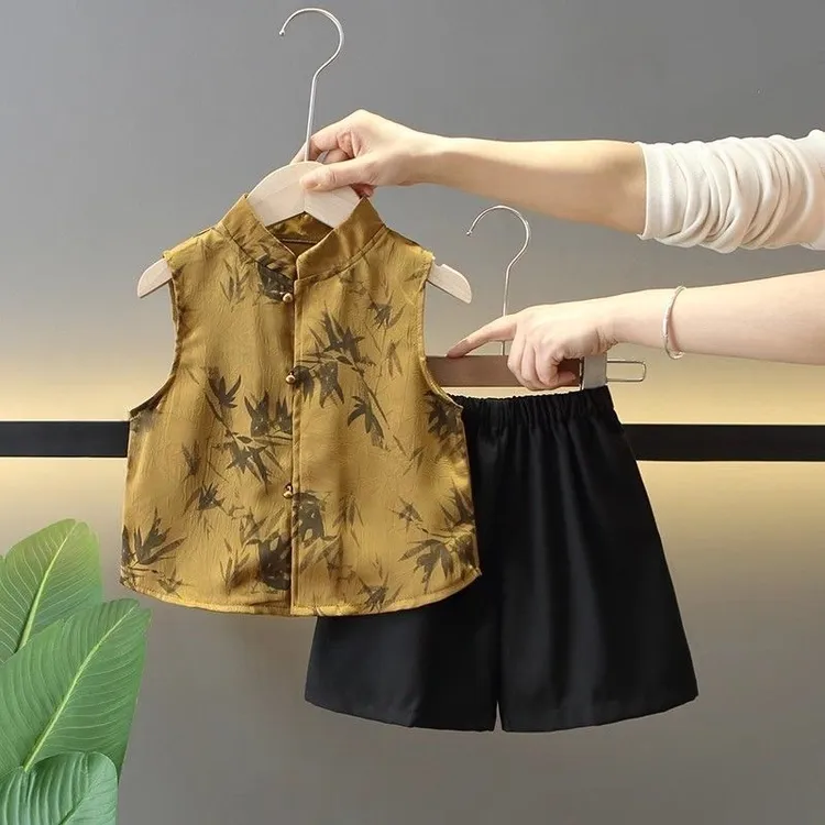 男童夏季国风唐装套装2025新款儿童汉服宝宝背心中式休闲两件套潮