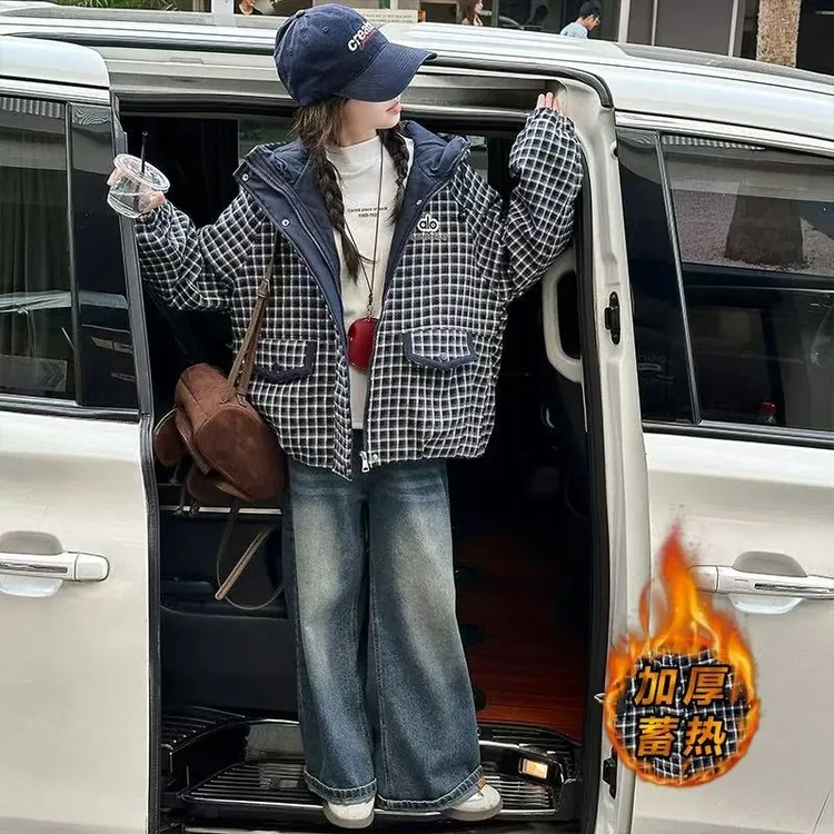 女童秋冬韩版休闲加棉加厚格子棉服外套女大童洋气时髦儿童棉衣
