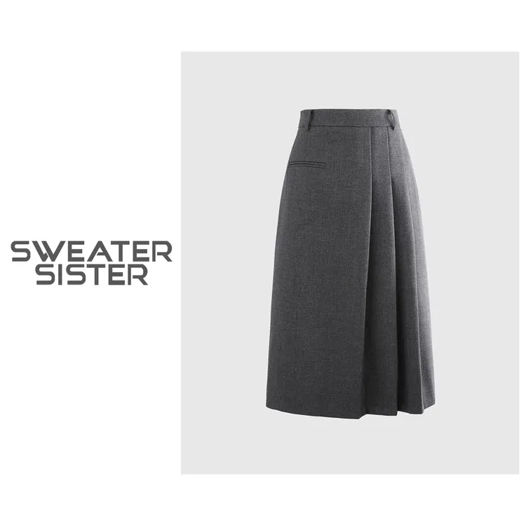 韩系中长款复古伞裙高腰显瘦a字压褶半身裙女626-056