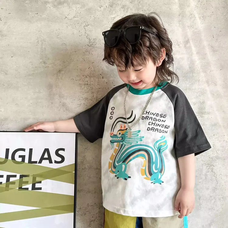 宝宝纯棉拼色扎染印花短袖T恤夏季宽松潮流印花休闲时尚上衣半袖