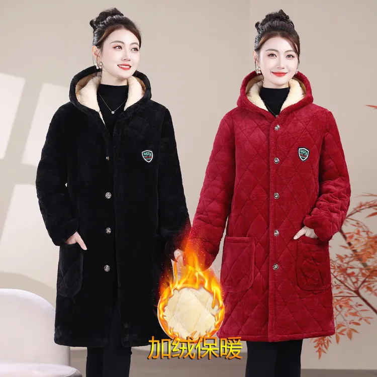 冬季三层加绒加厚罩衣妈妈外套中老年保暖棉袄大码中长款连帽棉服