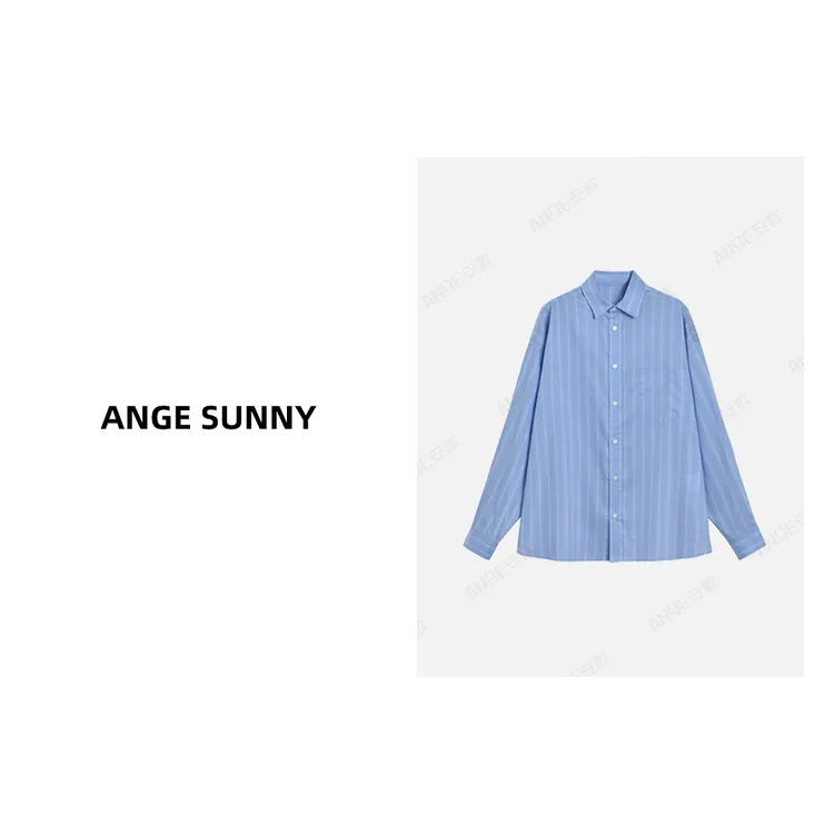 ANGE SUNNY【章若楠同款  蓝色条纹衬衫】口袋单排扣翻领长袖上衣
