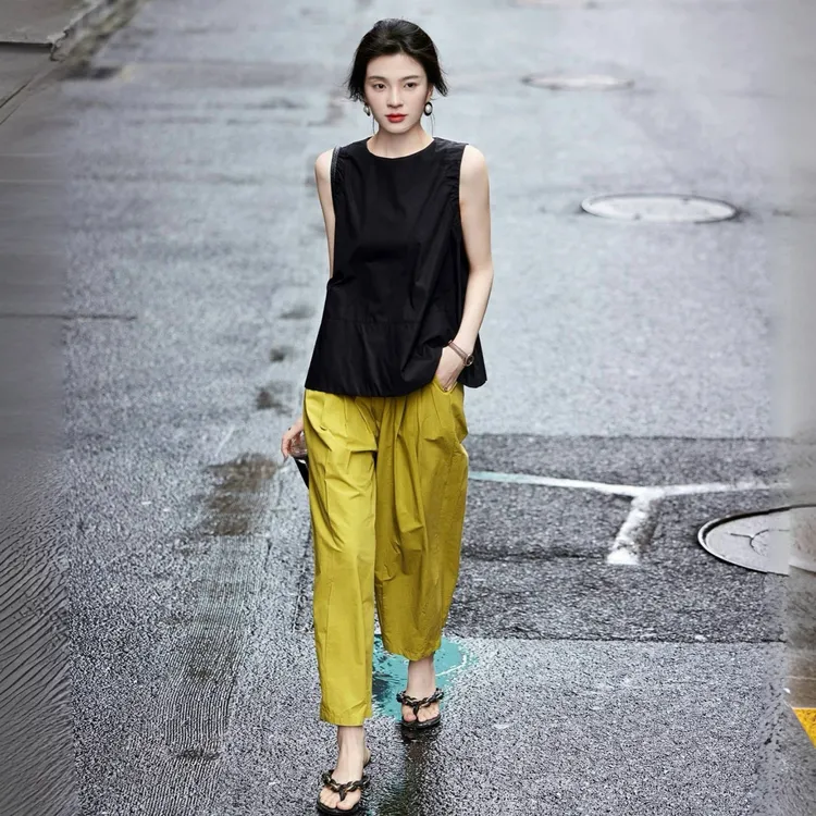 960春日显瘦神器 复古慵懒 会呼吸的纯棉黄色老爹裤