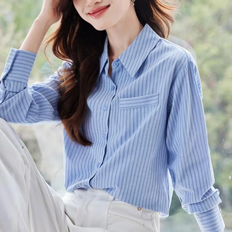 蓝色polo领长袖条纹衬衫女秋新款内搭上衣设计感休闲百搭衬衣外套