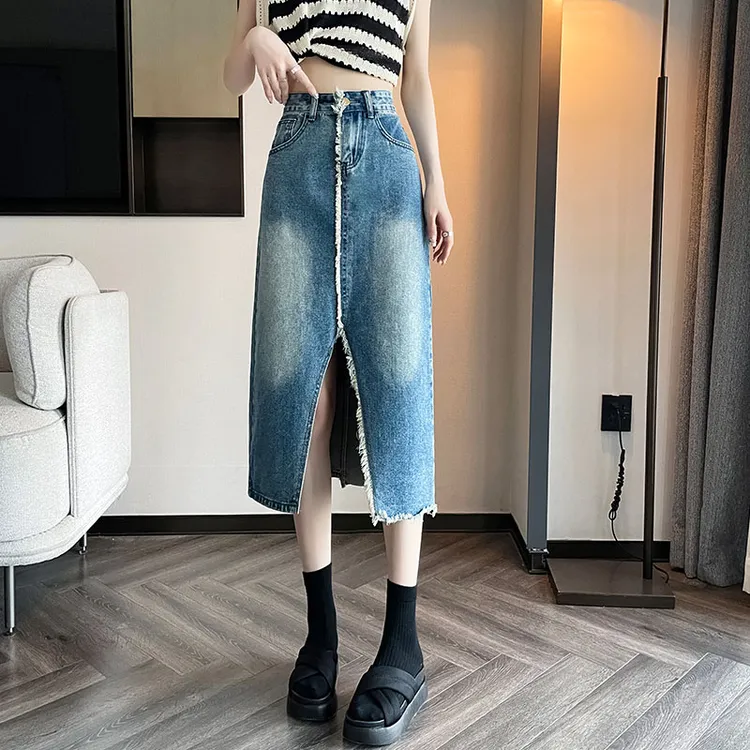 开叉牛仔裙女夏装半身梨形身材设计感毛边高腰显瘦时尚中长款裙子