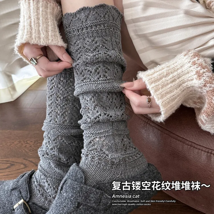 日系复古针织小腿袜子女韦雪同款春秋白色堆堆袜配靴子防臭长筒袜