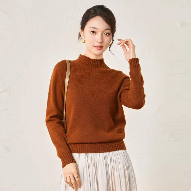 【年终狂欢季】春竹秋冬纯色线条装饰半高领女套衫100%绵羊毛上衣