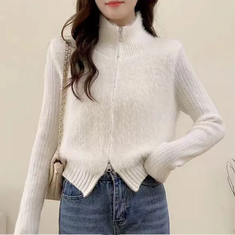 秋冬卷耳兔毛毛拼接假两件拉链高领针织毛衣水貂毛拼接千金外套