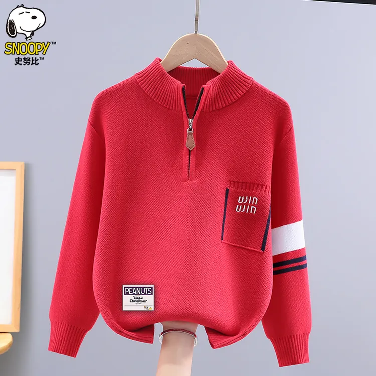Snoopy/史努比男童拉链衫秋冬新款针织衫中大儿童洋气红色新年款