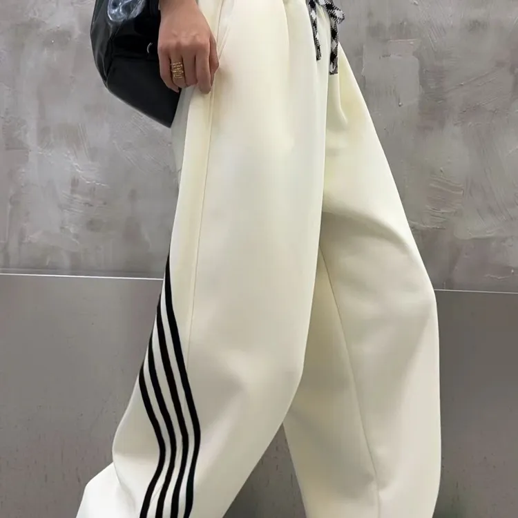 秋季百搭高腰直筒显瘦阔腿条杠抽绳休闲运动裤