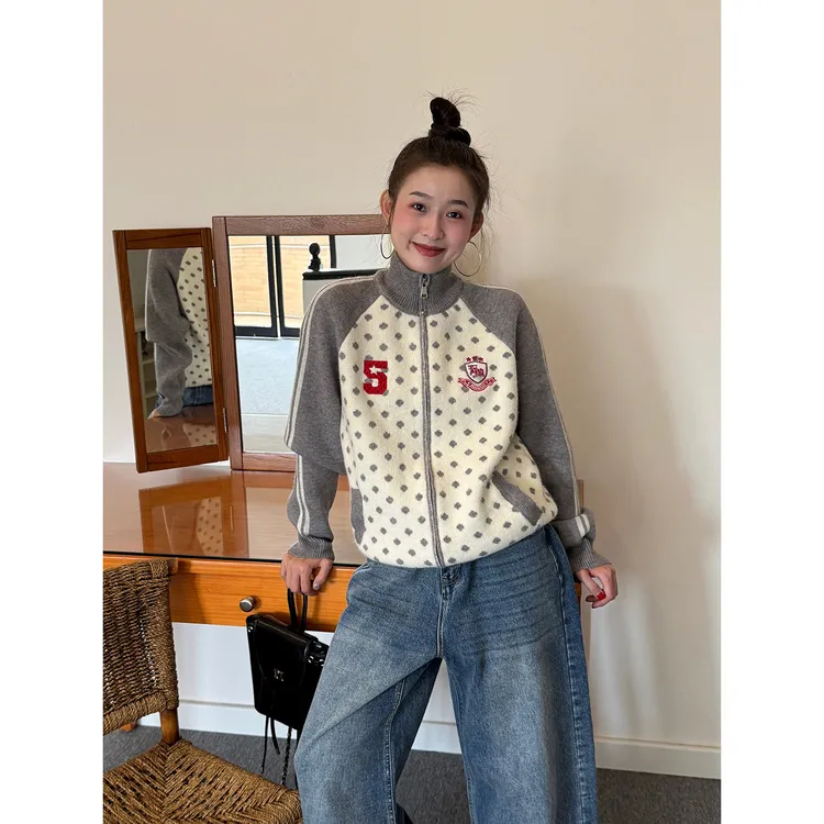 19studio WAYNEPRINCE美式复古波点撞色刺绣毛衣情侣百搭开衫上衣