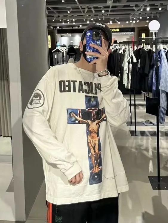 KOSUKE KAWAMURA 联名款 纯色十字架印花圆领长袖T恤 男女同款