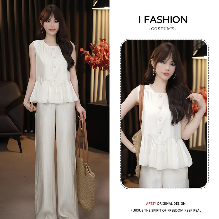 时尚法式气质套装女2025年夏季新款宽松显瘦无袖马甲直筒裤两件套