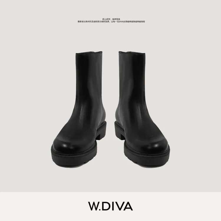 W.Diva【复古基石】无缝一体水洗牛皮做旧后拉链复古短靴53X293032