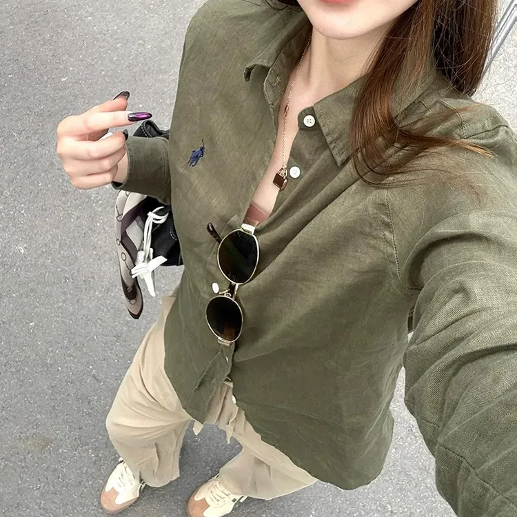 【慵懒chic】2025韩版老钱风棉麻长袖衬衫胸口小马刺绣防晒衬衣