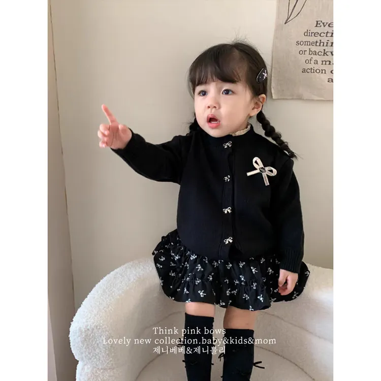 女宝小香风套装春秋25新款蕾丝儿童洋气蝴蝶结针织开衫蛋糕短裙