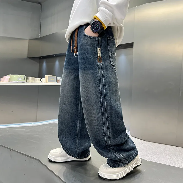 男童加绒牛仔长裤秋冬款2025新款一体绒加厚休闲运动长裤痞帅潮