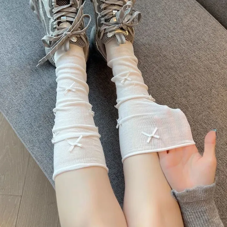 miu系白色袜子女堆堆夏季薄款中筒袜芭蕾风蝴蝶结小腿袜配德训鞋X
