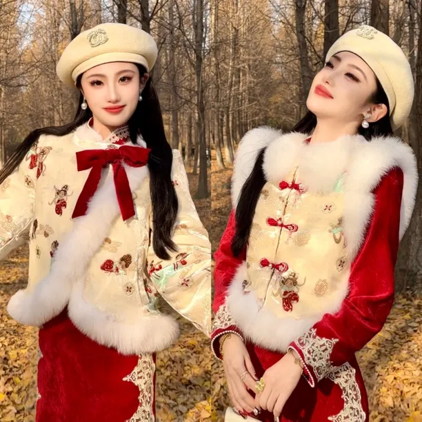 【媛珠 唐宫花灯】重工丝绒刺绣狐狸毛鹅绒服上衣外套马甲套装加厚