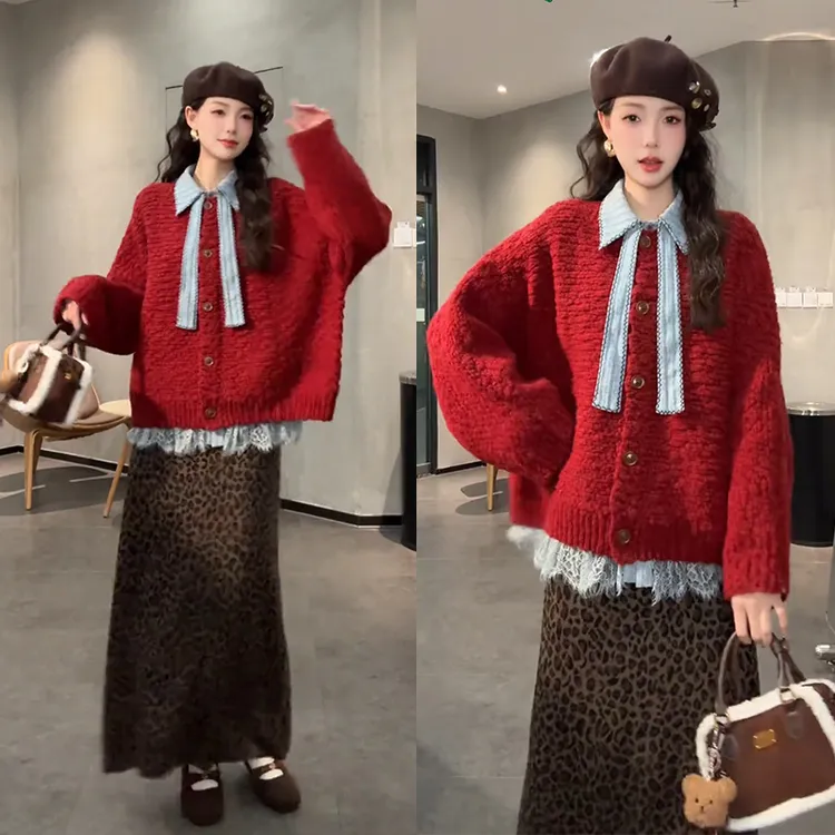 圣诞节穿搭2025年秋冬新款蕾丝长袖衬衫针织上衣豹纹半身裙三件套