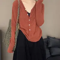 女装韩系早春v领气质时尚休闲纯色小众修身百搭长袖针织衫-L0144 