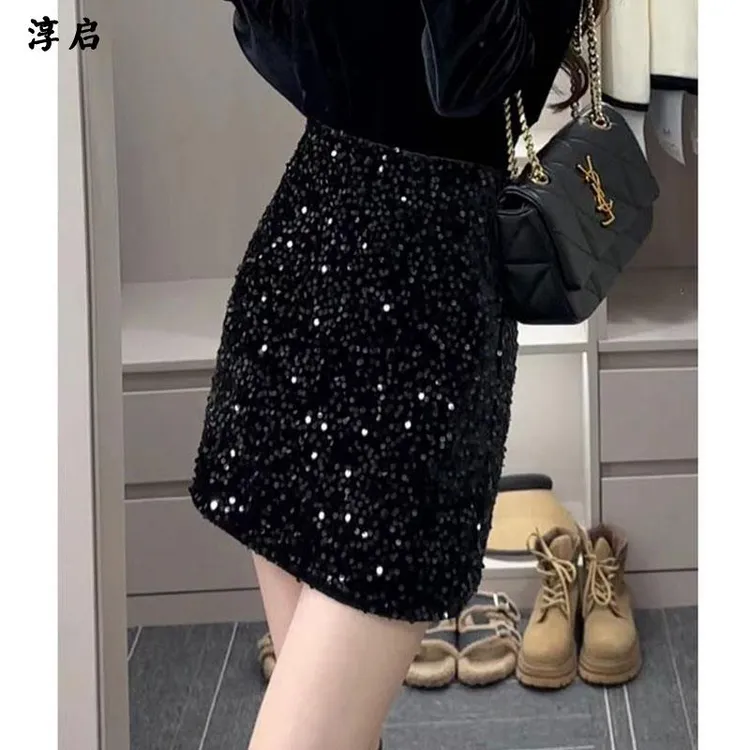 淳启高腰亮片短裙新款显瘦字包臀裙时尚亮闪闪半身裙子女早春秋潮
