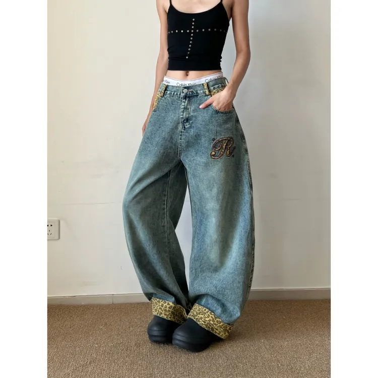 美式豹纹拼接弯刀牛仔裤女秋冬2025新款复古设计感宽松显瘦阔腿裤