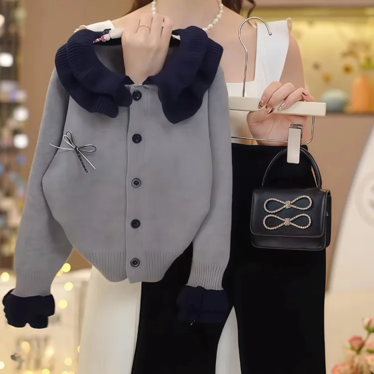 女童秋装娃娃领开衫毛衣2025秋冬款花边翻领针织衫外套穿搭小香风