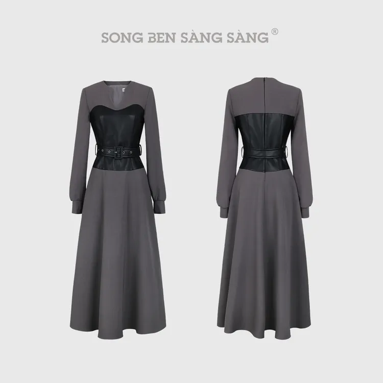 松本丧丧气质撞色假两件V领腰带裙设计感时尚长裙连衣裙B253Q1833