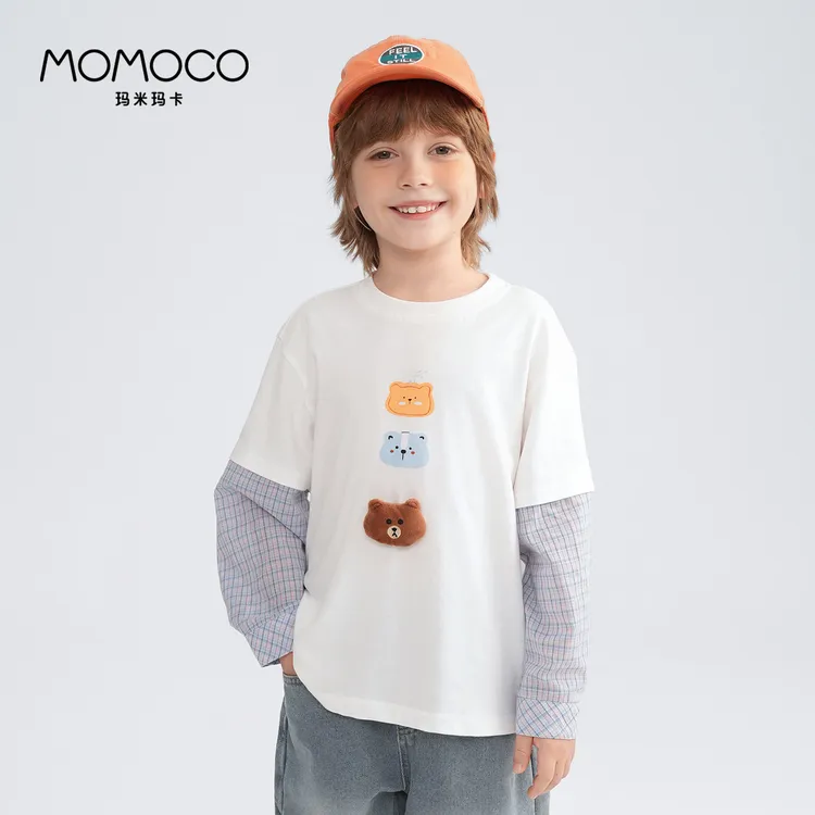 MOMOCO春秋季男童潮流时尚长袖T恤可爱小熊卡通上衣77330235015
