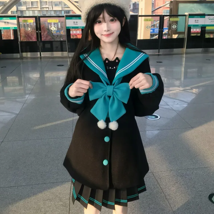 小花猪K制服大衣日系秋冬初音色厚款学院风百褶外套jk毛呢外套