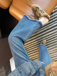 民族风环边刺绣毛边牛仔裤女2025秋季新款大码胖mm直筒九分阔腿裤