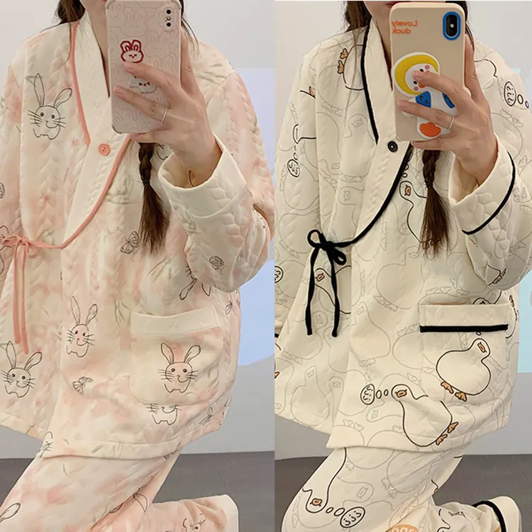 空气棉带胸垫月子服秋冬季大码产后孕妇哺乳睡衣棉加厚夹层套装