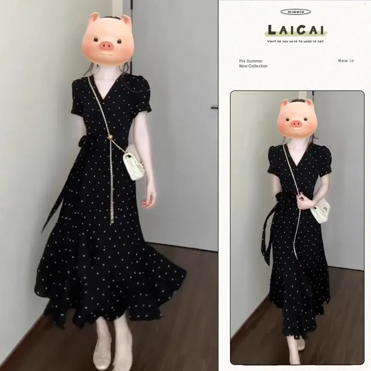 A520茶歇绑带波点长裙夏季新款法式V领收腰显瘦高腰气质连衣裙女