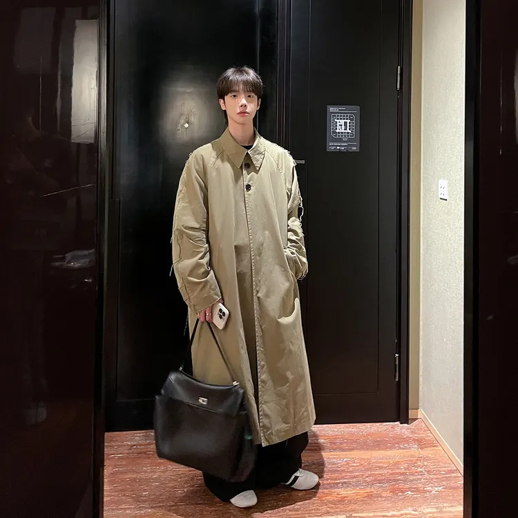 高林凡 做旧磨破工艺巴黎风衣韩版高级感中长款宽松过膝大衣外套