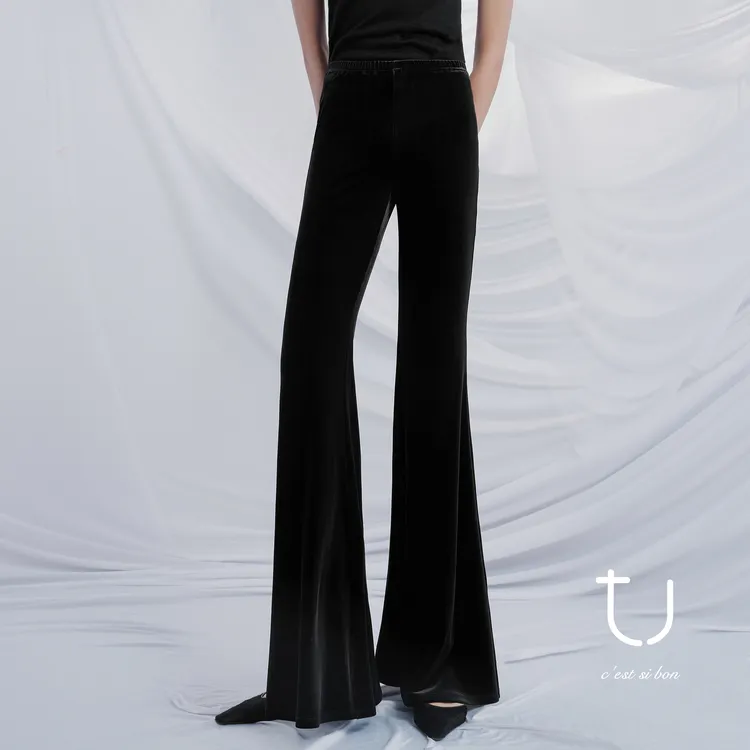 TU女装立体剪裁丝绒高腰修身喇叭休闲裤2025秋季新款显瘦微喇裤子