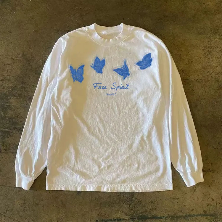 300克重磅！美式潮牌秋季小众设计长袖蝴蝶印花T恤套头上衣男女款t