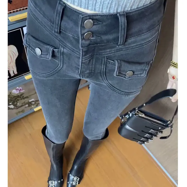 灰色高腰弹力显瘦小脚牛仔裤女春秋季大码胖mm梨形身材九分铅笔裤