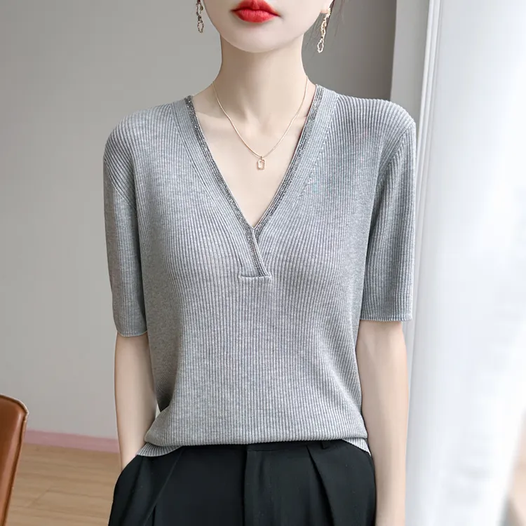 品牌夏季新款针织衫T恤女洋气V领烫钻气质百搭短袖上衣