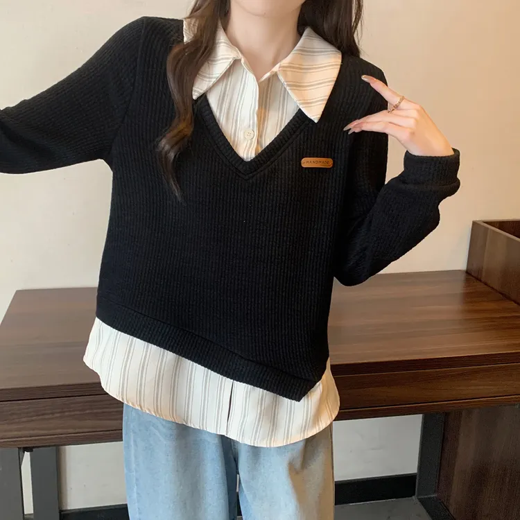 大码女装秋季假两件长袖卫衣微胖mm不规则拼接条纹衬衫63800