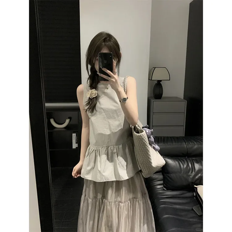 轻熟风气质高级感宽松收腰无袖背心上衣显瘦百搭休闲A字半身裙女