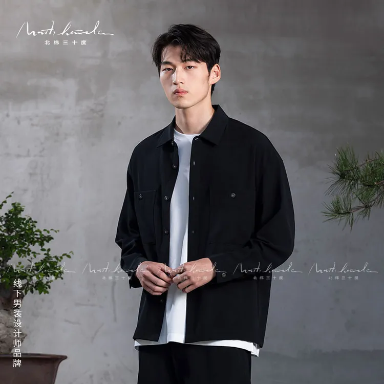 北纬三十度原创设计师男士夏季休闲时尚宽松醋酸翻领防晒长袖衬衫