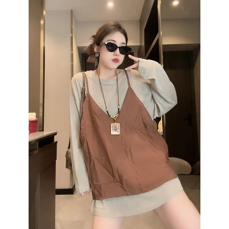 欧货2025夏季新款咖色真两件吊带T恤女时尚洋气休闲百搭潮流上衣