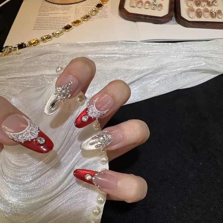 【奢韵绯钻 】手工穿戴甲红色法式猫眼显白高级百搭流行10片装