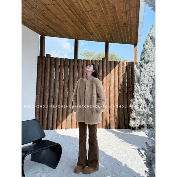『PEACHZHOU』100羊毛宽松小立领皮毛一体外套休闲气质高级感皮草