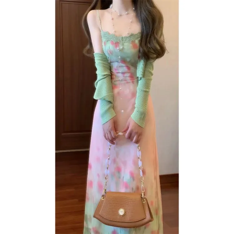 气质显瘦时尚套装长袖女装裙子小香风碎花法式