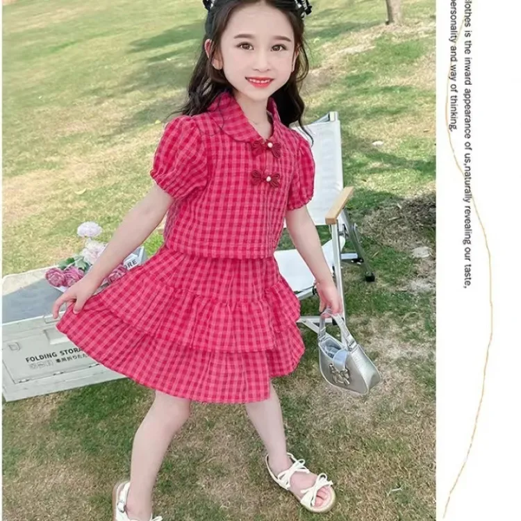 2025宝宝夏季女童短袖格子套装新款儿童洋气短裙两件套夏装格子裙