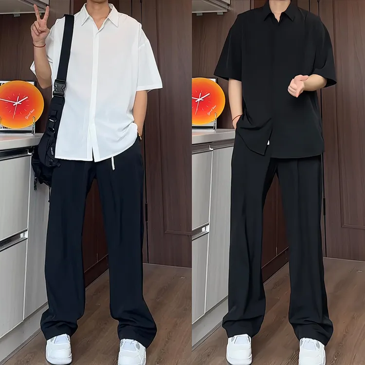 潮款慵懒风宽松纯色短袖衬衫男士夏季冰丝凉感休闲韩版衬衣套装