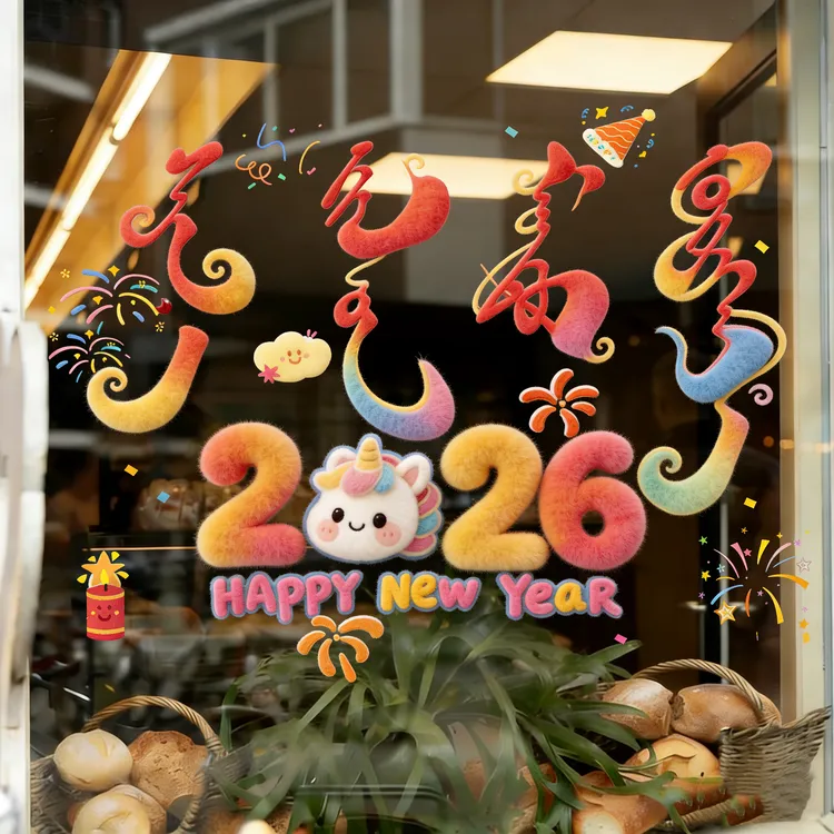 爆款民族风马年专属裸眼5D毛绒质感可爱小马静电贴春节装饰