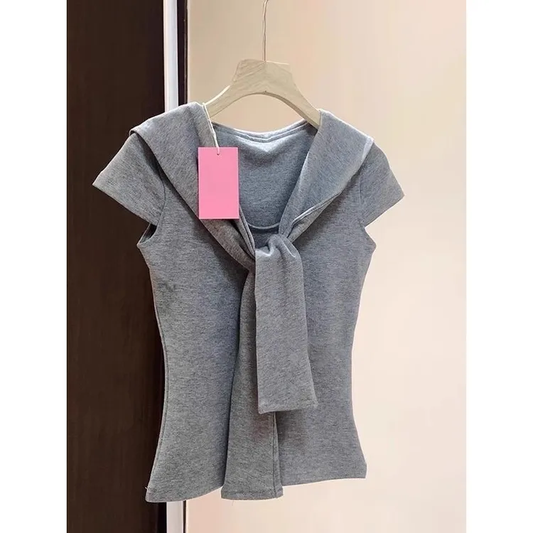 海军领绑带假两件短袖T恤女2025新款修身显瘦灰色正肩短上衣夏季